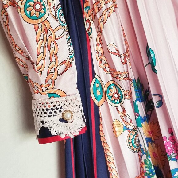 Dalia MacPhee Pink Lace Long Sleeve Printed Pleated Midi Dress M Vintage Luxe - Picture 12 of 16